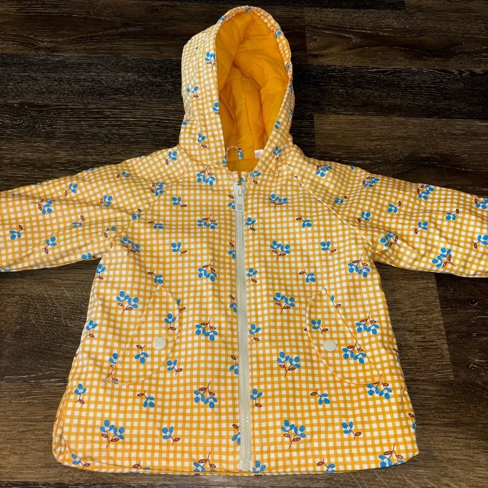 Zara Rainjscket Yellow Gingham Hooded Kids' Jacket with Blue Flower Print